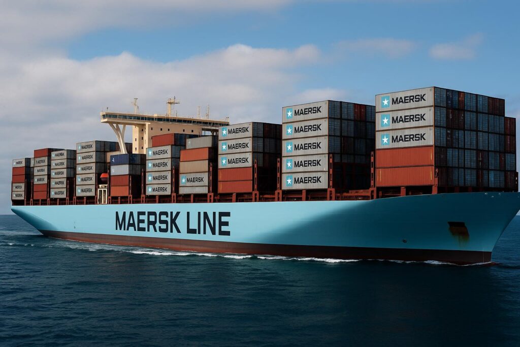 Mærsk containerskib sejler til havs med stablede containere under klart vejr
