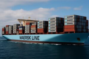M&aelig;rsk containerskib sejler til havs med stablede containere under klart vejr