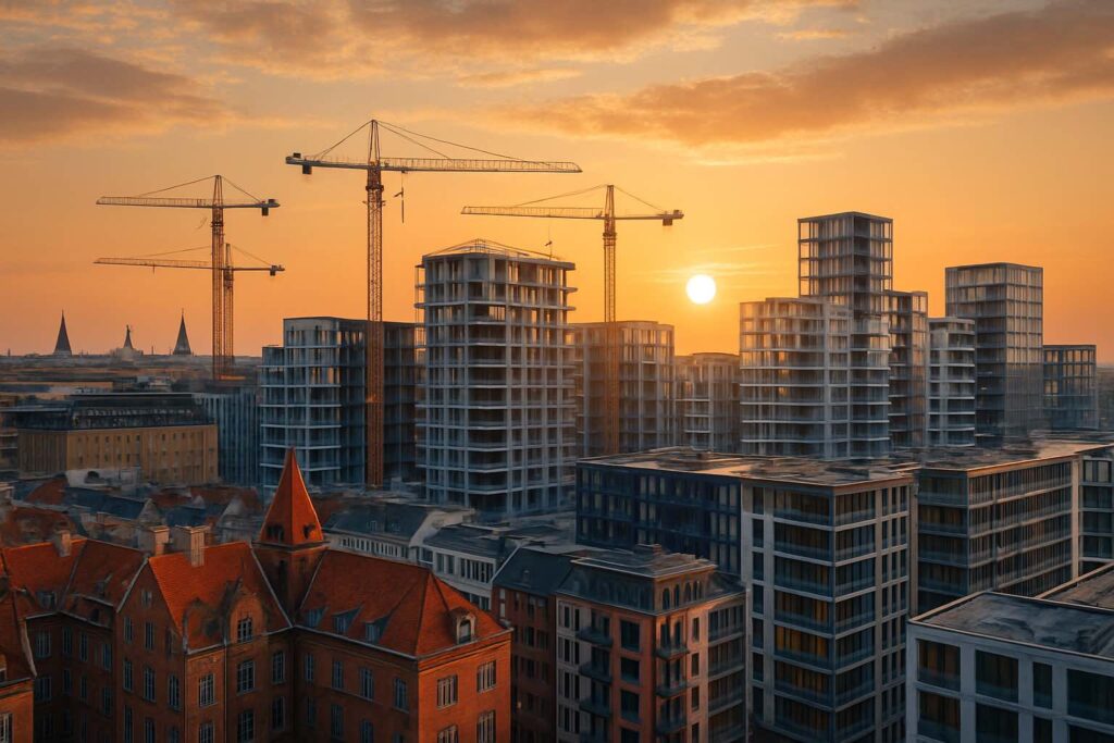 Københavns skyline med byggekraner og moderne lejlighedsbyggeri, der symboliserer stigende boligpriser og urbanisering.