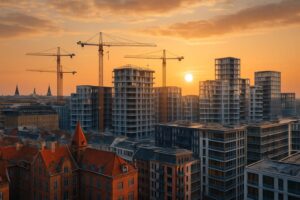 K&oslash;benhavns skyline med byggekraner og moderne lejlighedsbyggeri, der symboliserer stigende boligpriser og urbanisering.