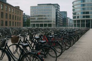 R&aelig;kker af parkerede cykler i K&oslash;benhavn, symbol p&aring; dansk byliv og &oslash;konomisk aktivitet.