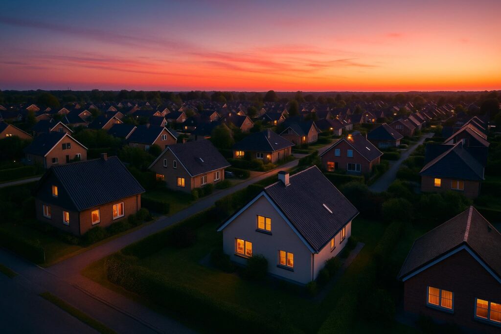 Aftenluftfoto af dansk villakvarter i solnedgang med oplyste vinduer