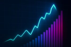 inansiel graf med neonlinje og s&oslash;jler, der viser eksportudvikling i Danmark, juni 2025