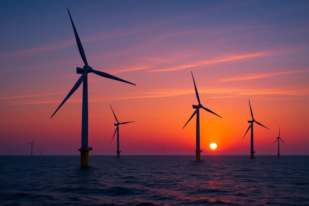 Offshore havvindmøllepark ved solnedgang med roligt hav og klare farver