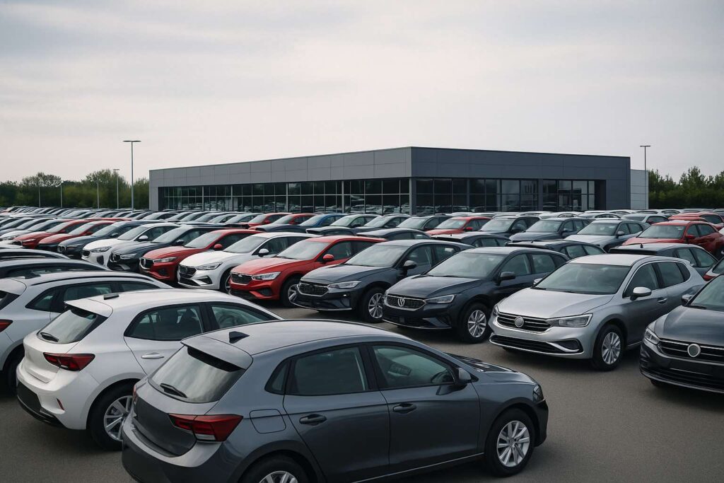 Rækker af nye biler på en stor bilforhandlerplads i Norden, symboliserer vækst i bilmarkedet
