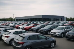 R&aelig;kker af nye biler p&aring; en stor bilforhandlerplads i Norden, symboliserer v&aelig;kst i bilmarkedet