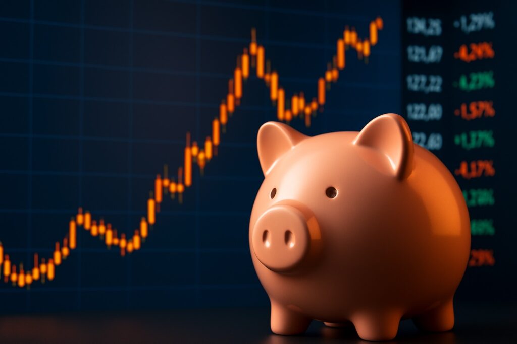 3D sparegris foran stigende aktiegraf, symbol på rekordvækst i aktiesparekonti i 2025
