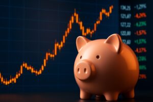 3D sparegris foran stigende aktiegraf, symbol på rekordvækst i aktiesparekonti i 2025